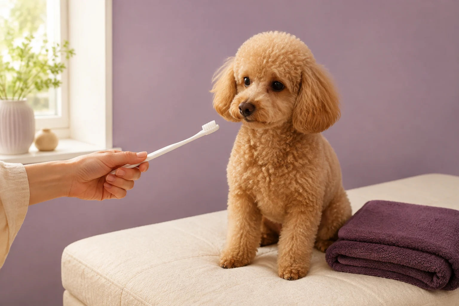 A curly-coated dog sitting on a cream cushion looks at a white toothbrush held by a person, before it touches the dog’s mouth. AI-generated illustrative image.