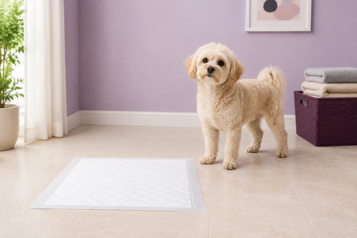 A small dog standing beside a clean rectangular pad on light-coloured floor tiles, with a lavender wall and a basket of folded towels. AI-generated illustrative image.