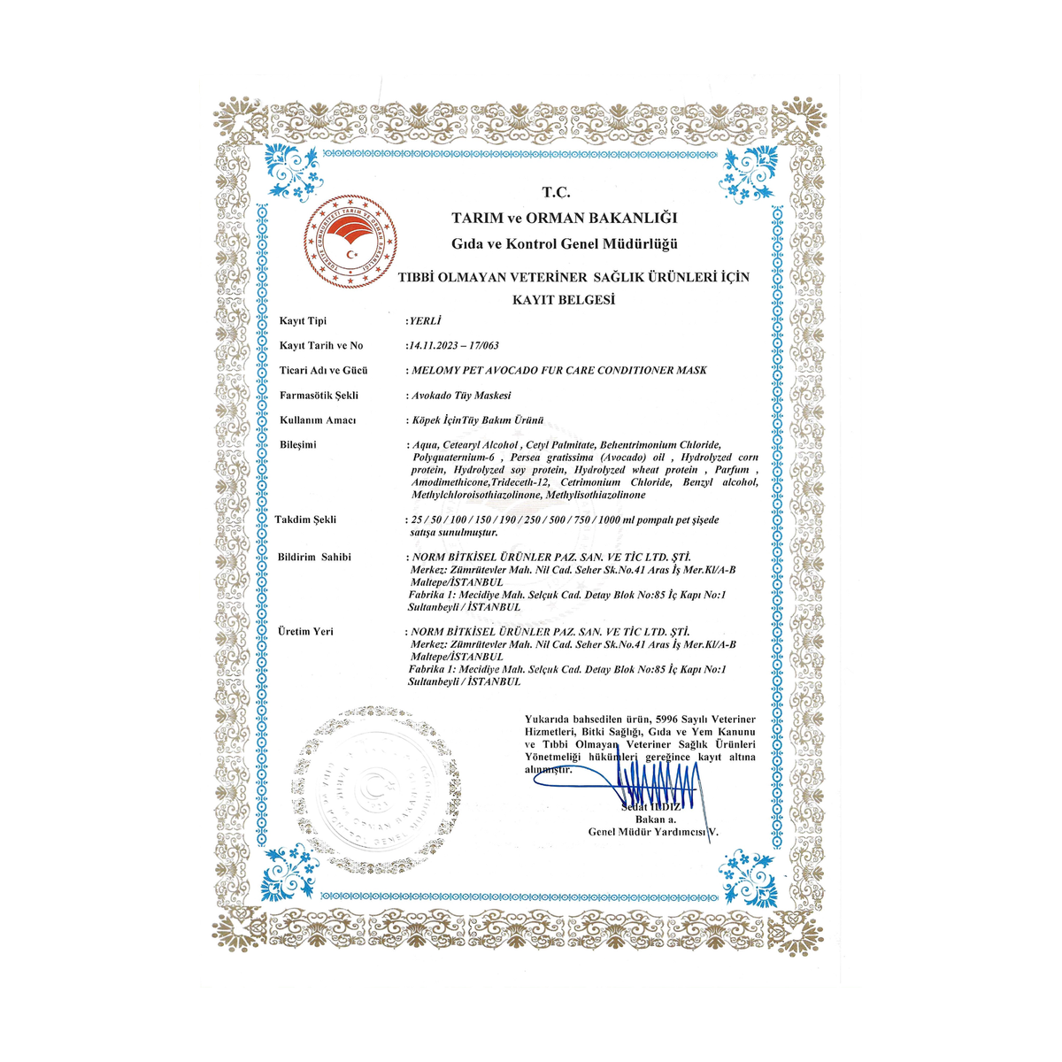 Avocado Coat Mask for Dogs 190 ml · Ministry of Agriculture and Forestry registration certificate 17/063