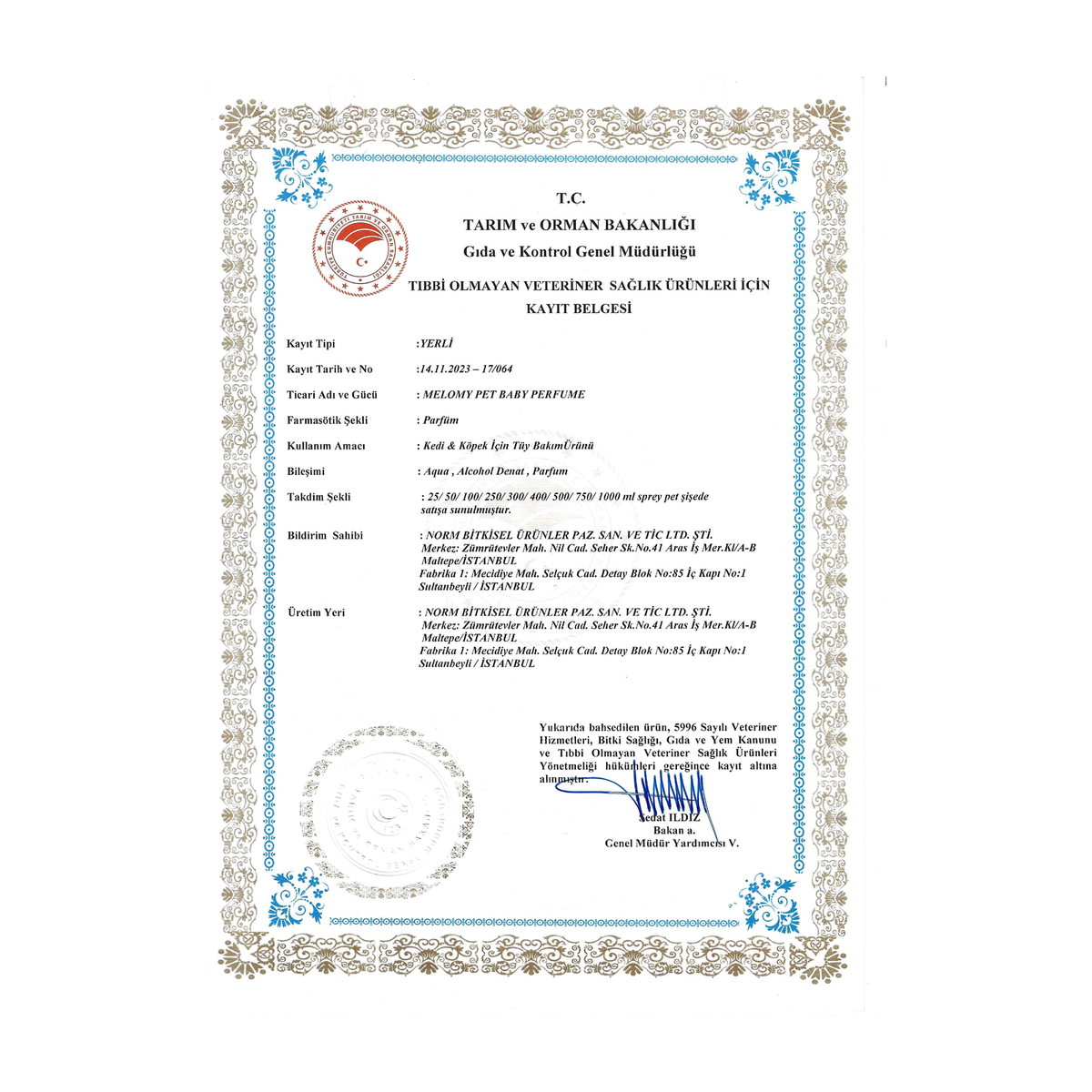 Baby · Tarım ve Orman Bakanlığı kayıt belgesi 17/064